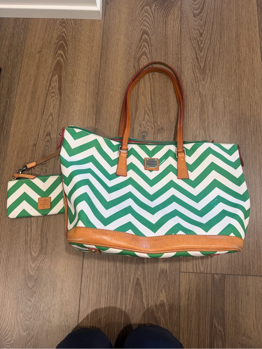Dooney & Bourke Green Chevron Tote with Leather Trim and attached pouch